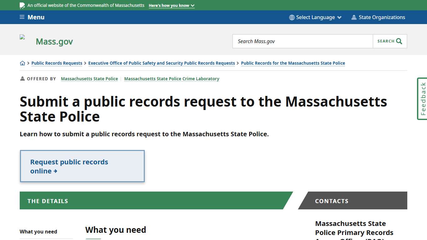 Submit a public records request to the Massachusetts State Police | Mass.gov