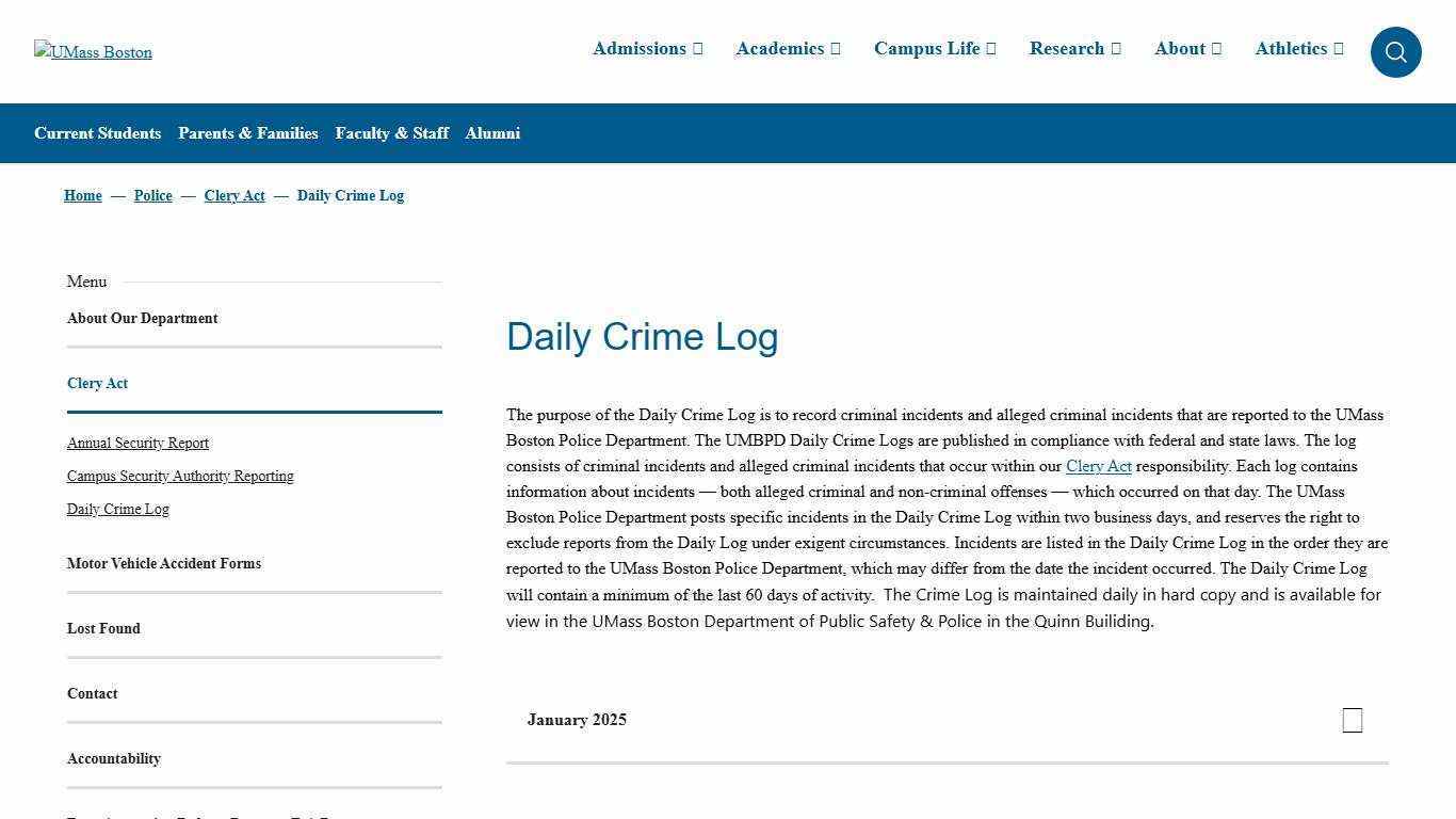 Daily Crime Log - UMass Boston